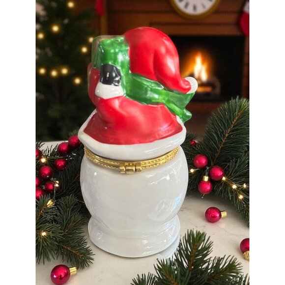 Vintage Snowman Limoges Porcelain Hinged Trinket Jar Holiday Decor - Picture 2 of 13